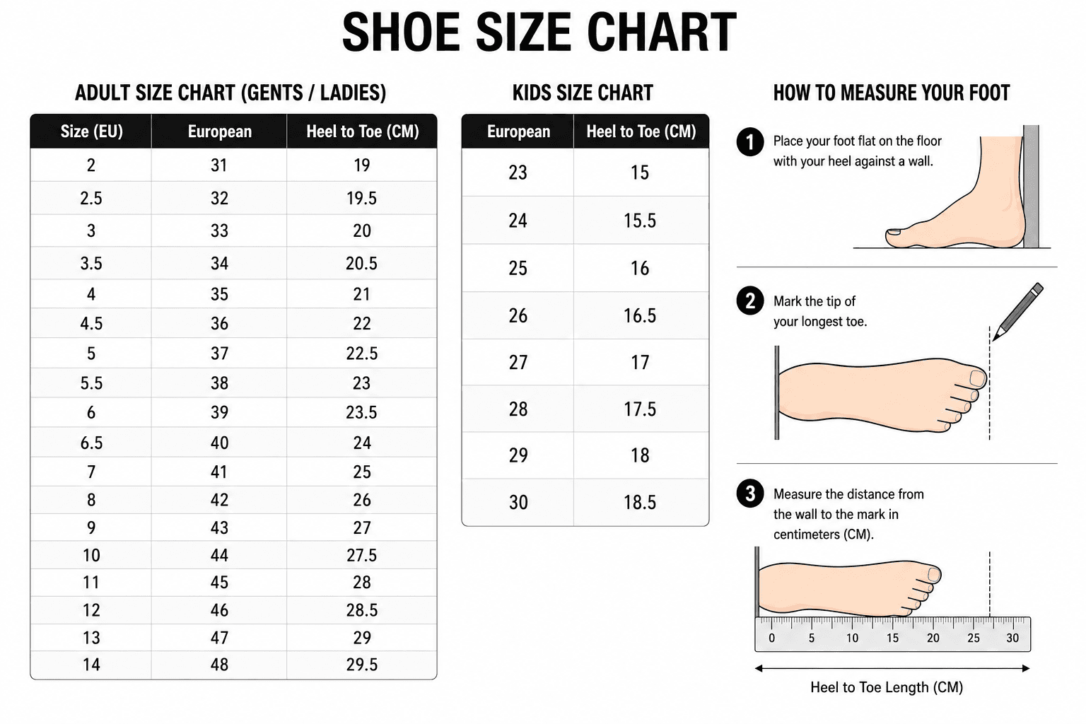 European shoe size conversion chart